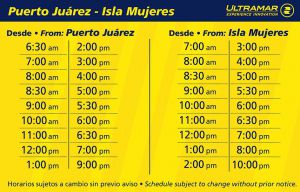 Schedule table for boat arrivals and departures to Isla Mujeres